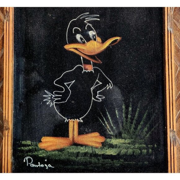 Daffy Duck Pantoja Original Signed Painting Velvet Framed c1970s 16.5x13.5" SS - Picture 1 of 6